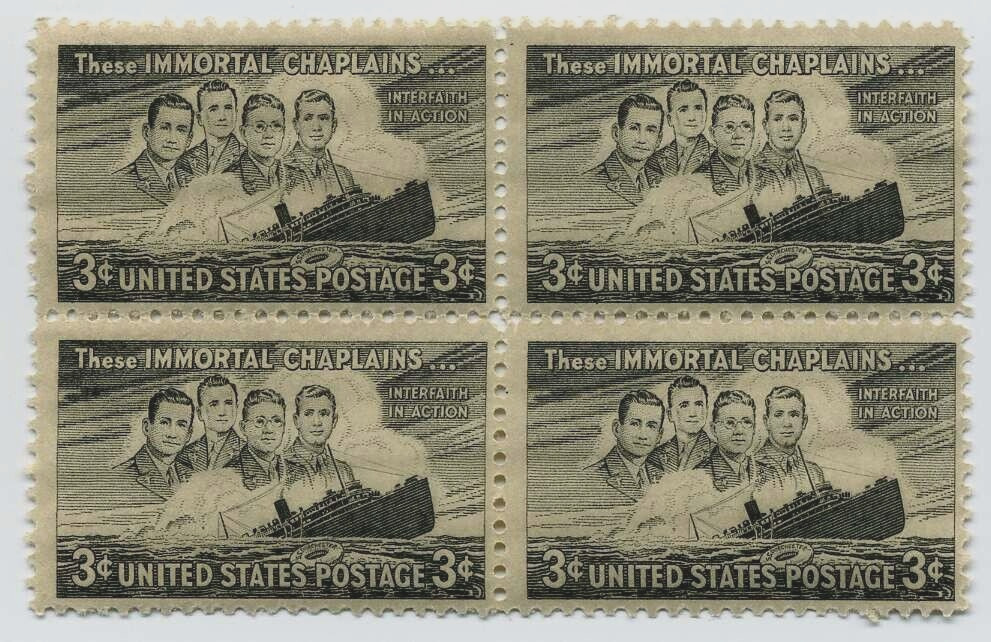 WW II Heros Four Military Chaplains 75 Year Old Mint Vintage Stamp Block fm 1948