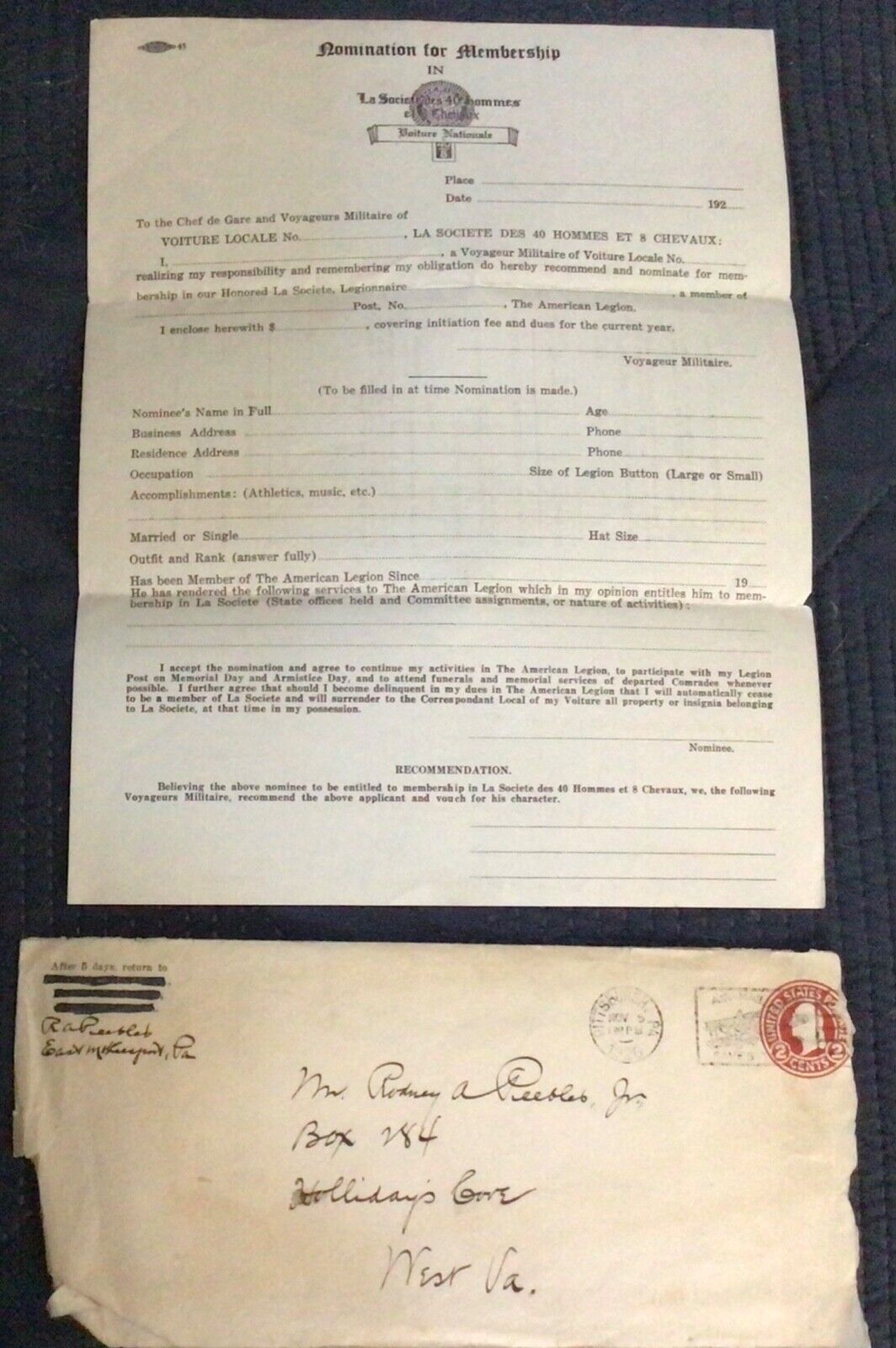 1926 Blank La Societe Des 40 Hommes Et 8 Chevaux nomination form, American Legio