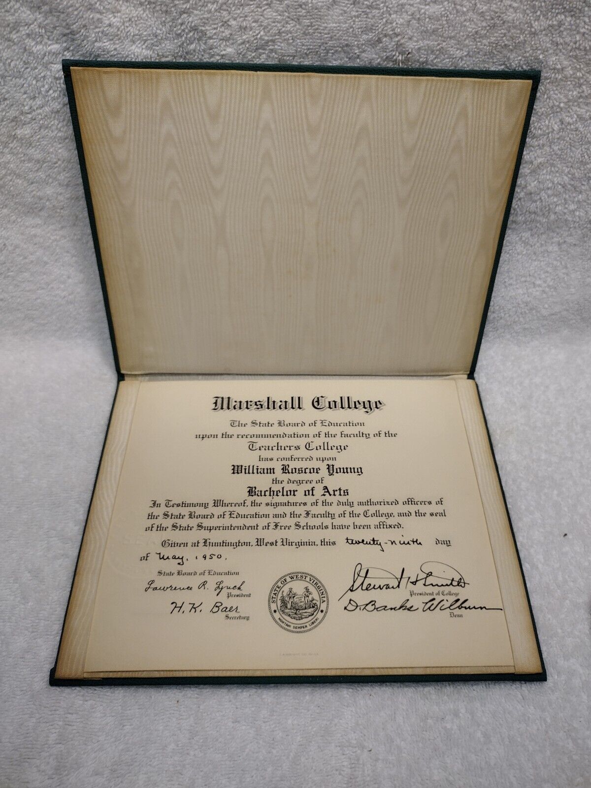 Rare 1950 Marshall College Diploma. Bachelor of Arts In Holder. VG Cond... 