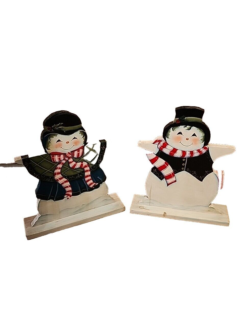 Rustic Wood Mr & Mrs Snowman Couple Standing Figurines Cutout Vtg MCM 14.5\