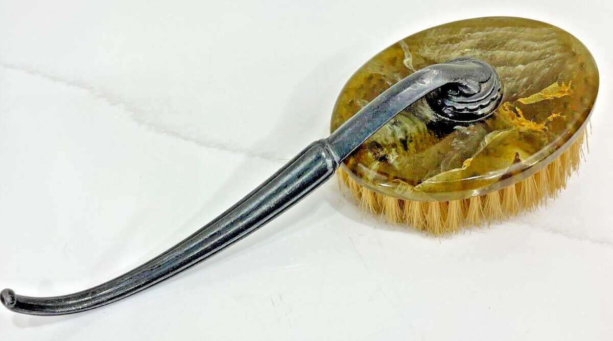 Antique Victorian Hair Brush Rare Acrylic and Pewter ? Curved Handle
