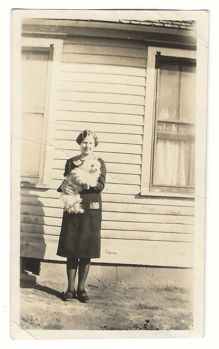 Woman Holding White Dog Puppy Shadow Photo Vernacular Vintage Snapshot 1920s