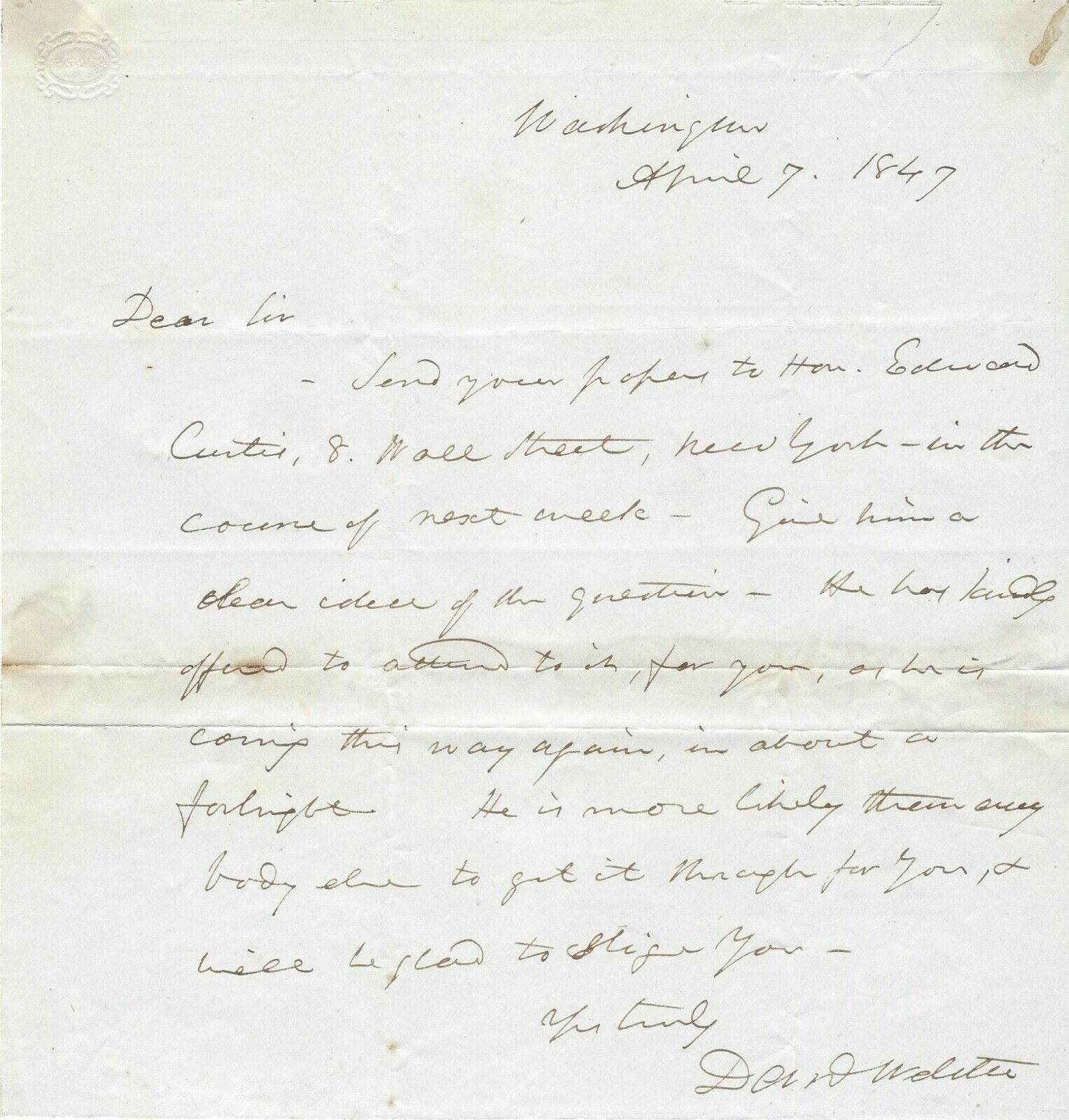 Daniel Webster Offers Assistance To Man Seeking Legislative Help