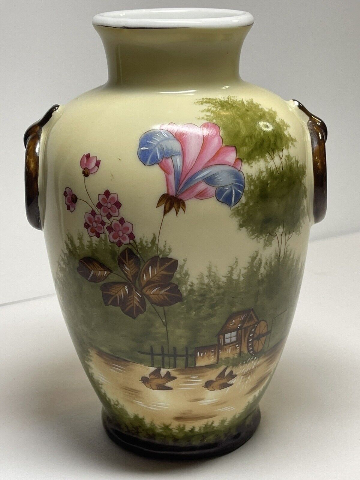 Vintage Antique English Ceramic Vases w/ Painted Flower & Landscape 