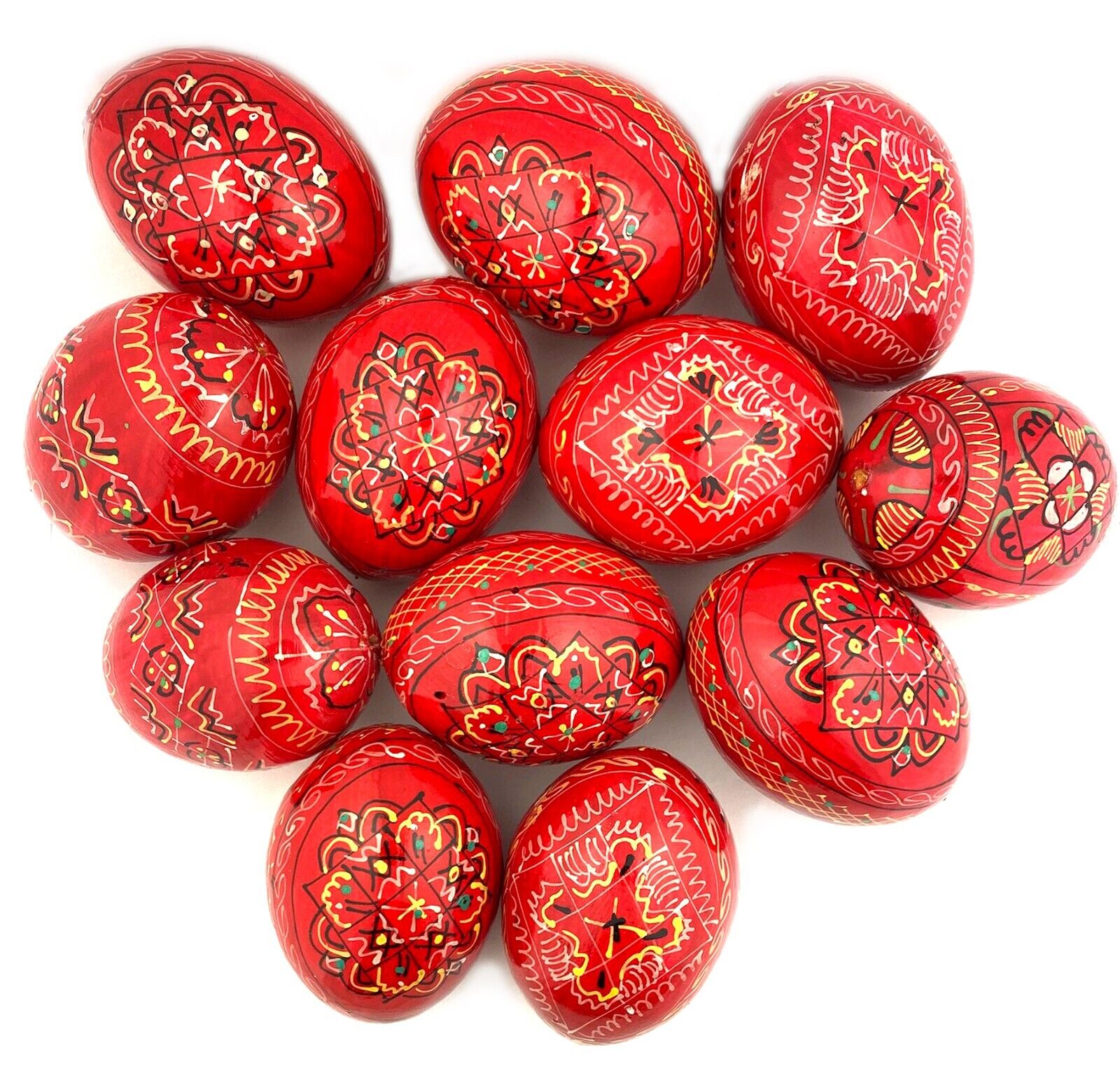 Pysanky Pisanki Hand Painted Ukrainian Wooden Easter Eggs Pack of 12 Red  COLORS