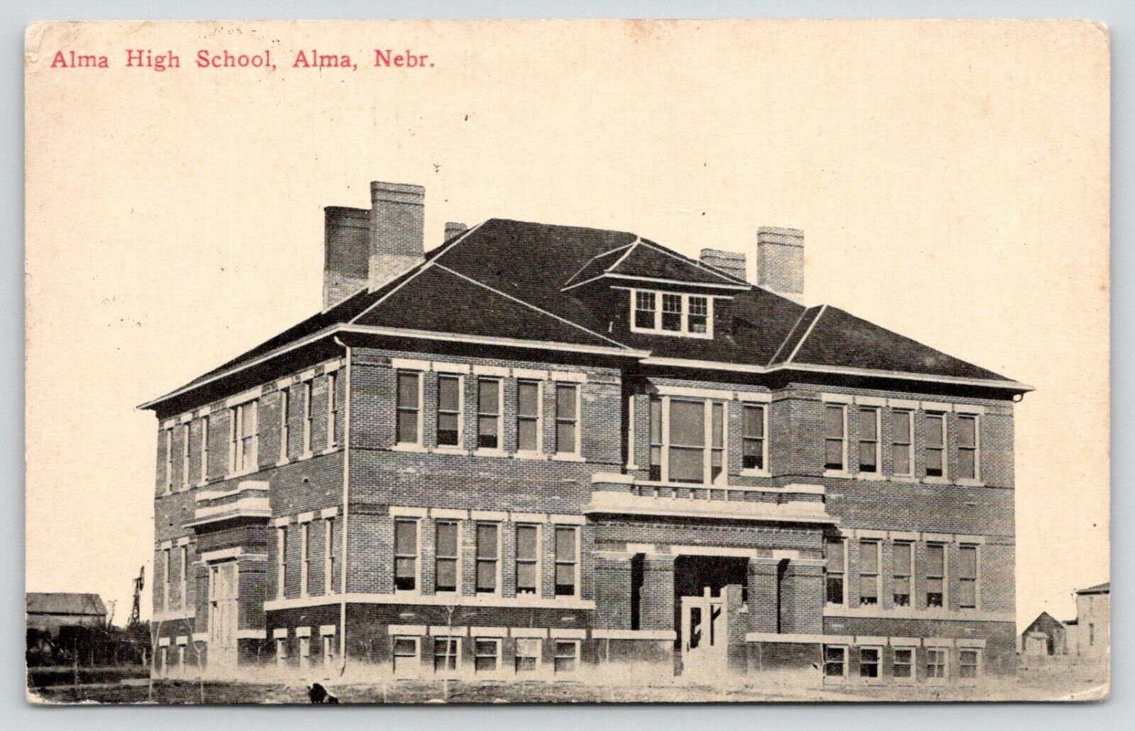Alma Nebraska~Alma High School~Farm-Wind Vane Behind~1913 B&W Postcard