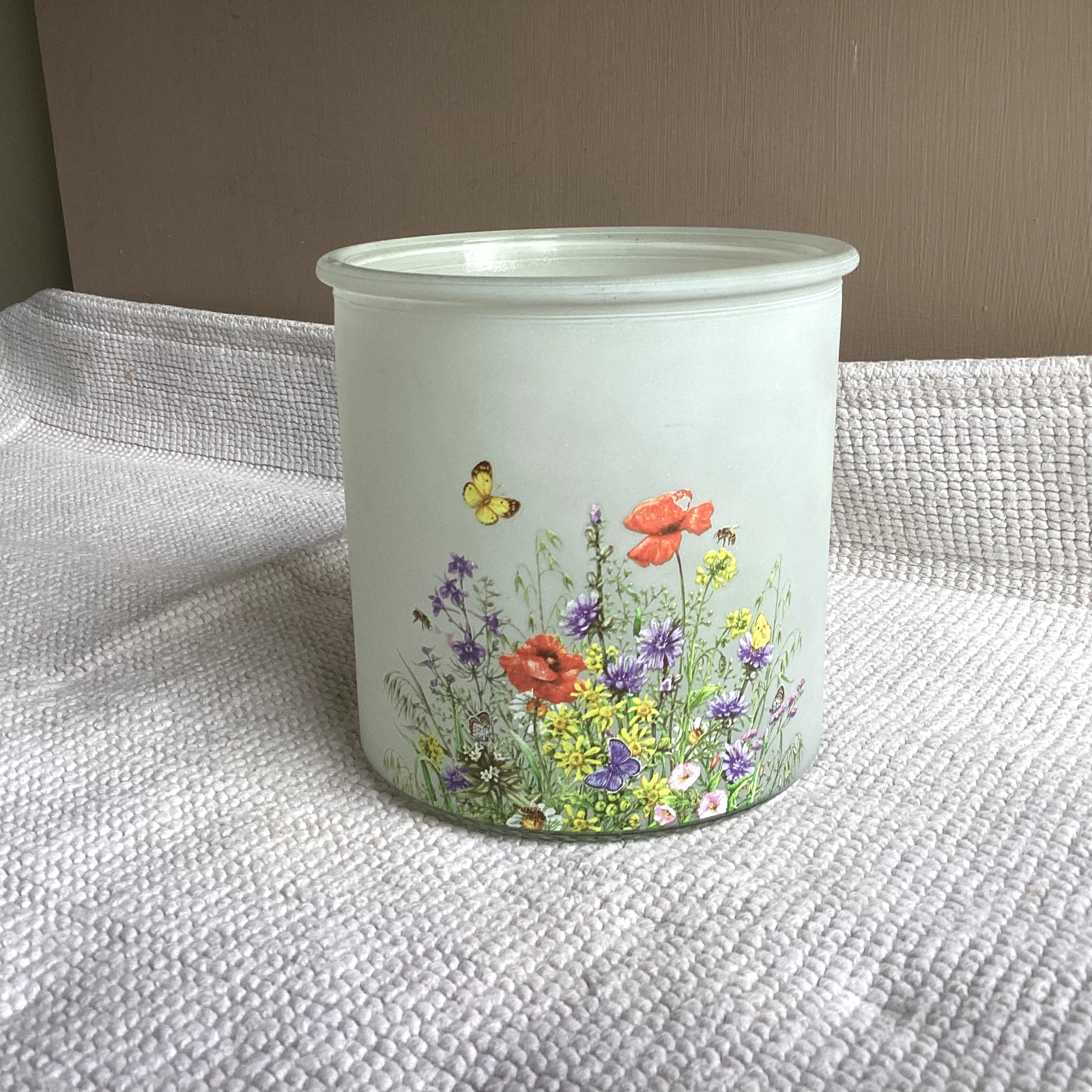 Beautiful Vintage frosted glass container jar with flower design