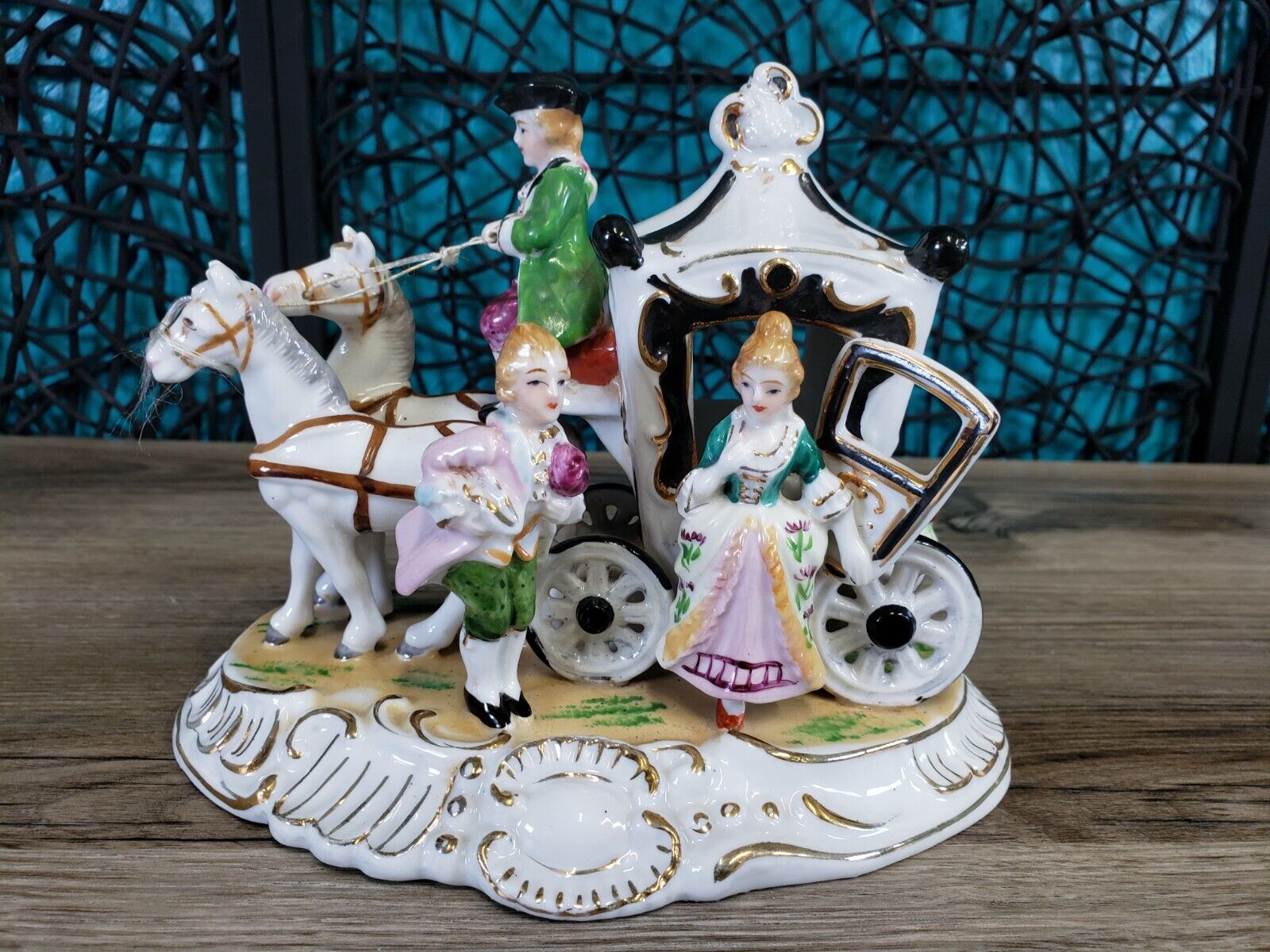 VTG Hand Painted Porcelain Horse Drawn Carriage Victorian COLONIAL Statue Japan