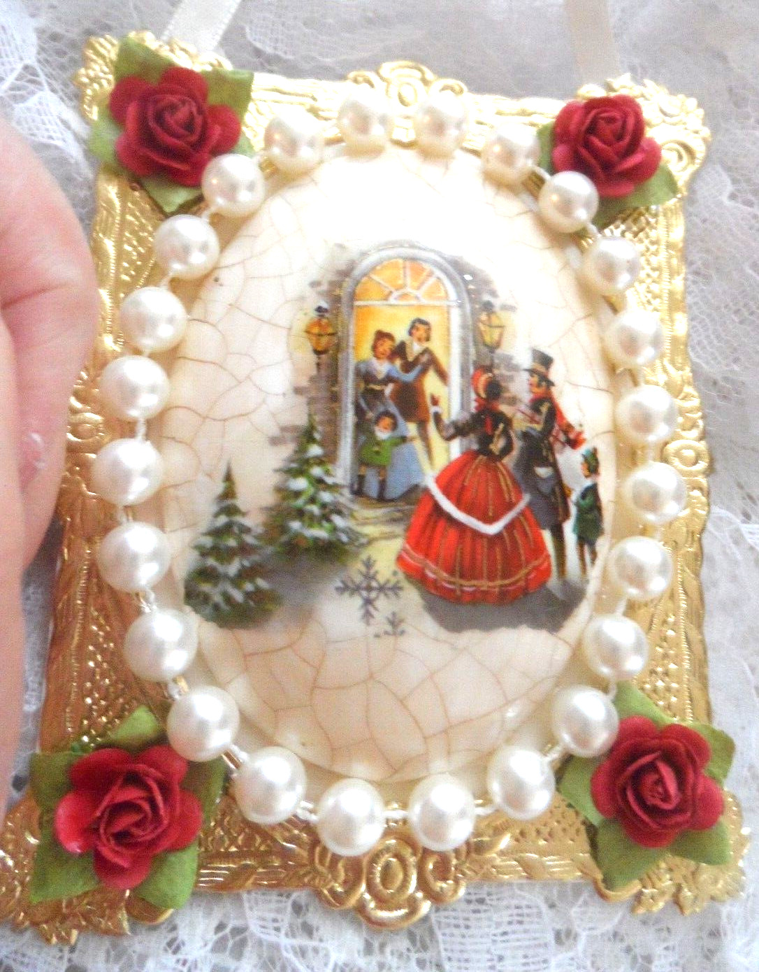 Antique Style Christmas Ornament-HANDMADE VINTAGE IMAGE CERAMIC OVAL w/PEARLS