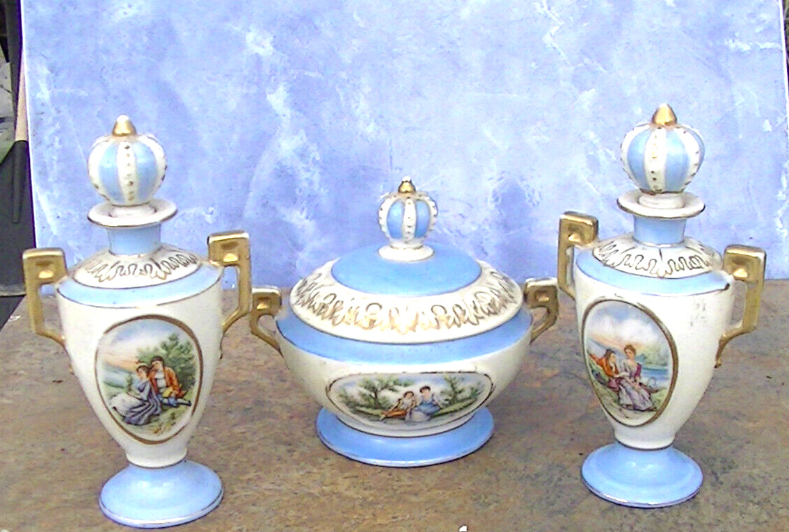 vintage japan Porcelain Perfume Bottles and bowl/ lid victorian scenes
