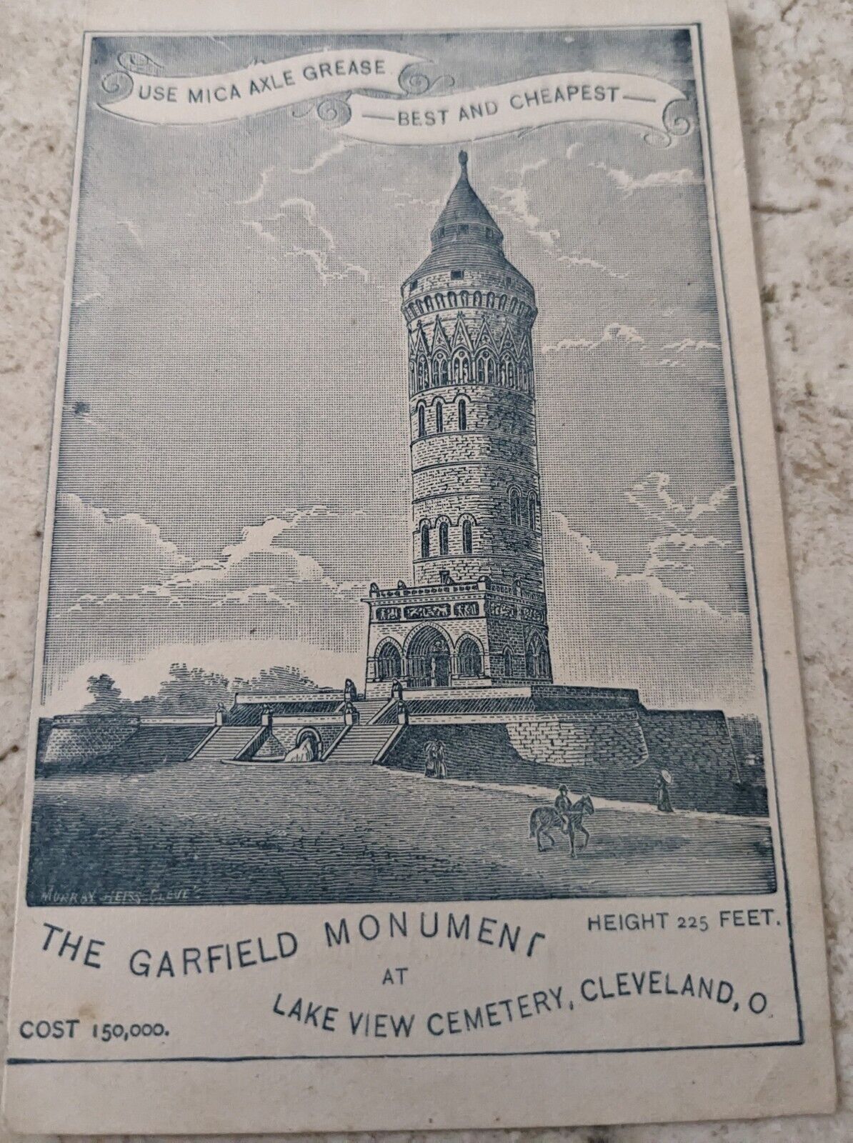 *RARE* TRADE CARD THE GARFIELD MONUMENT MICA AXLE GREASE C.W COMINS CHAUMONT, NY
