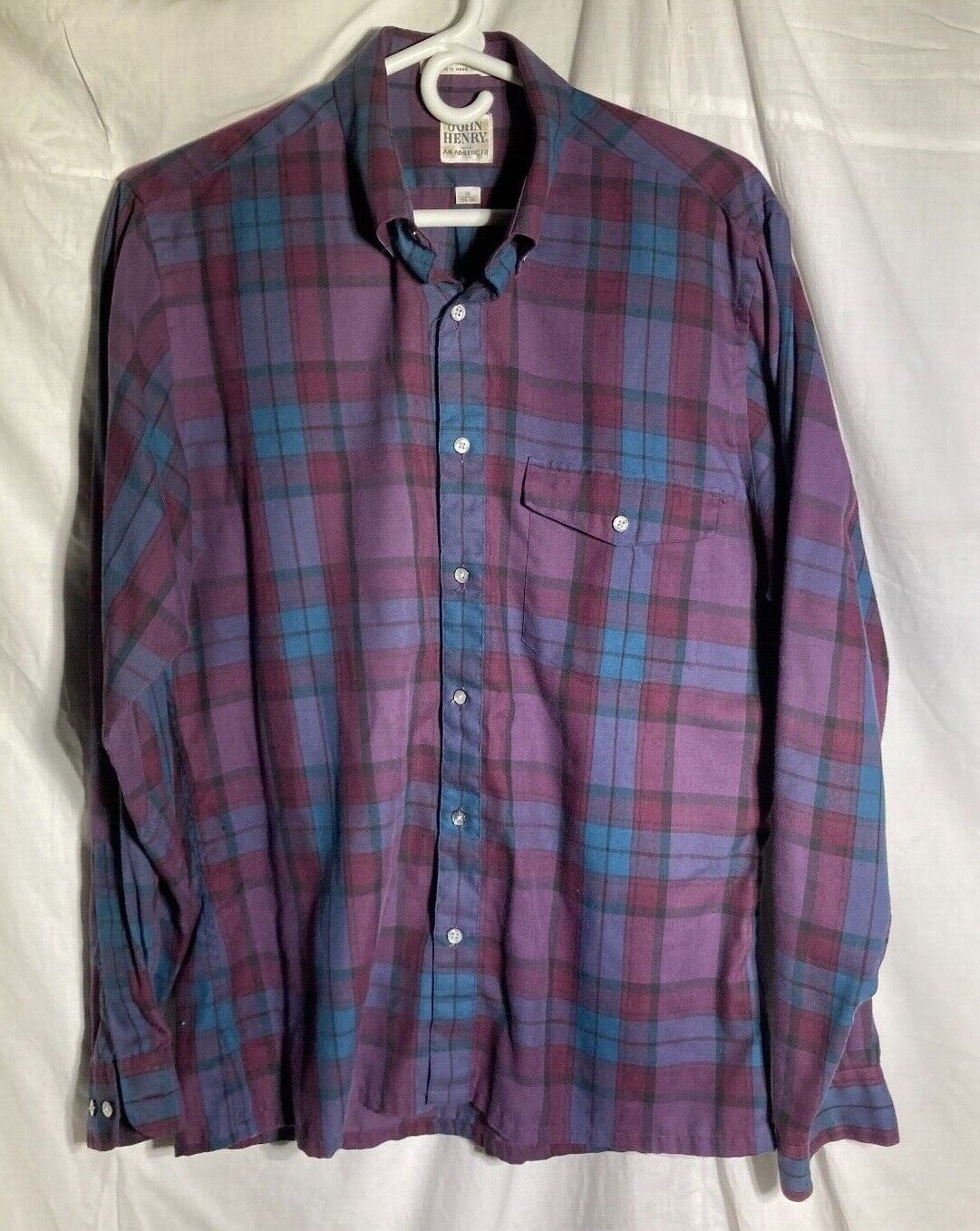 Vtg. John Henry Poly / Cotton Long Sleeve Button Plaid Shirt Men\'s. 16 34-35