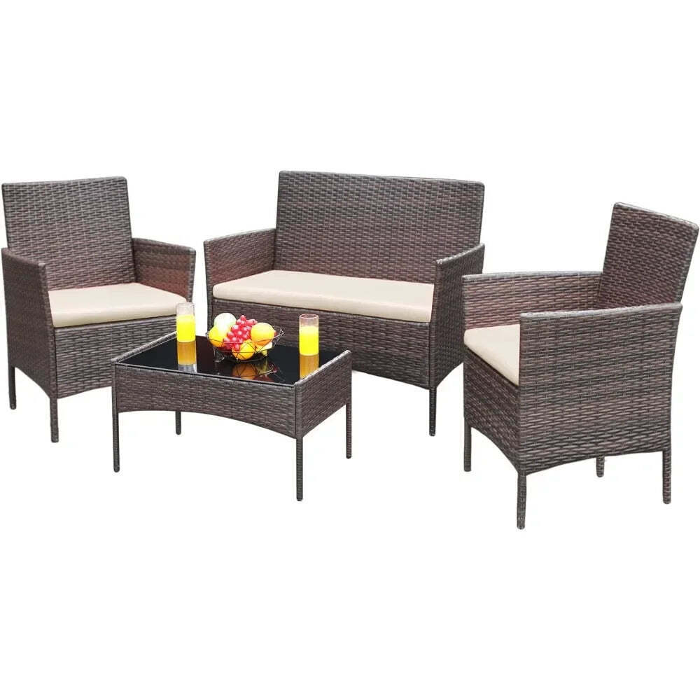 Outdoor Sofa Set of 4 with Soft Cushion and Glass Table, Patio Furniture 4 Piece