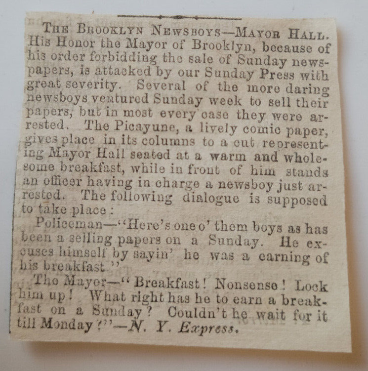 1855 Brookyln Newsboys Can\'t Sell on Sunday Mayor NYC Humor Original ~2.5x2.5\