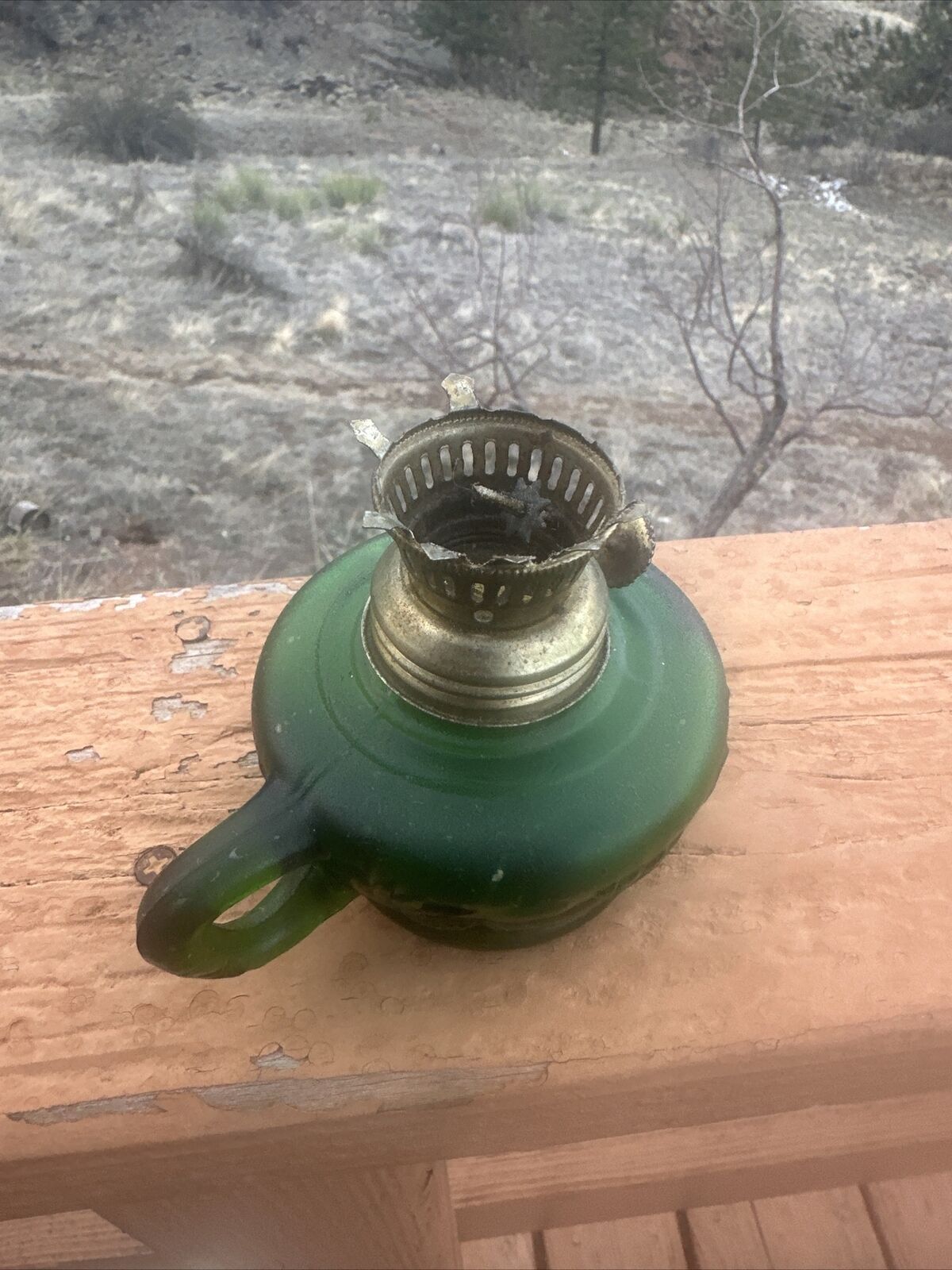vtg Miniature green glass oil lamp With Finger Holder