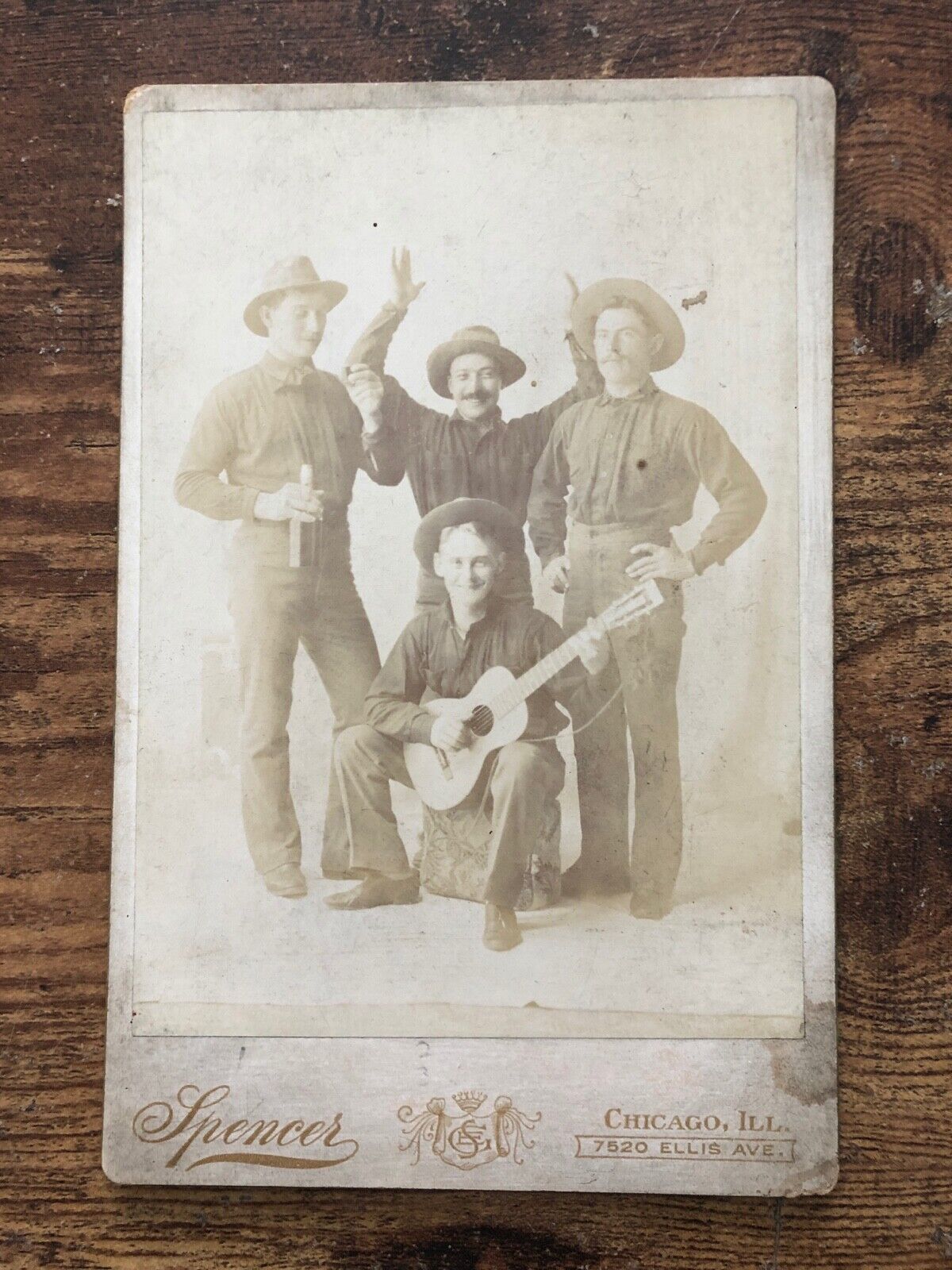 Vintage 1896 CABINET CARD Co B 15th Infantry Soldiers ID\'d GUITAR Whisky Bottle 