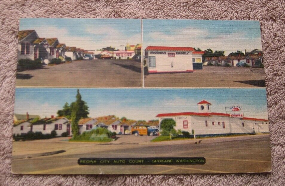 Spokane WA Washington Regina City Auto Court Motel Cabins Postcard 1952 Roadside