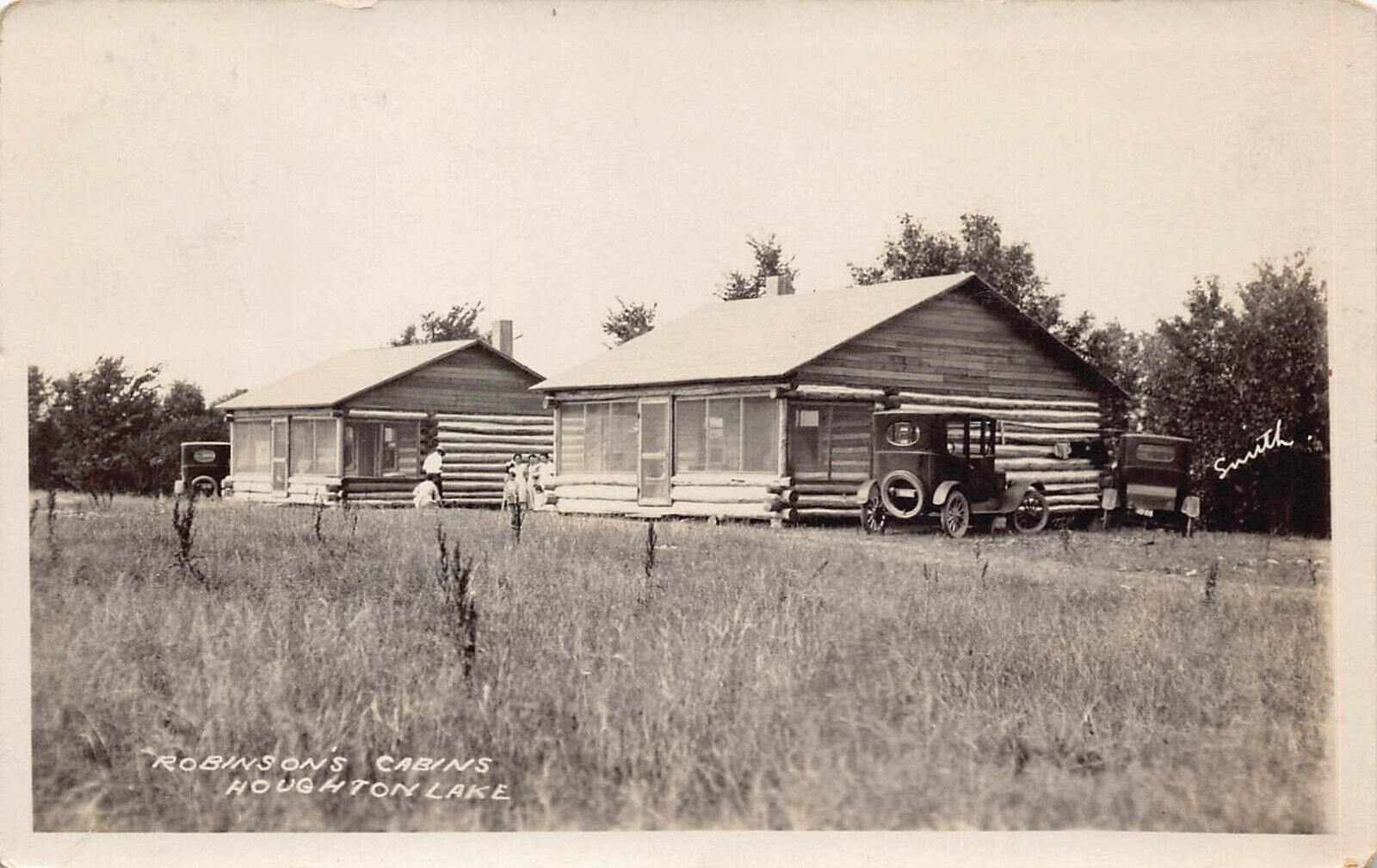 RPPC Houghton Lake Michigan Robinson\'s Log Cabins Fishing Photo Vtg Postcard A41