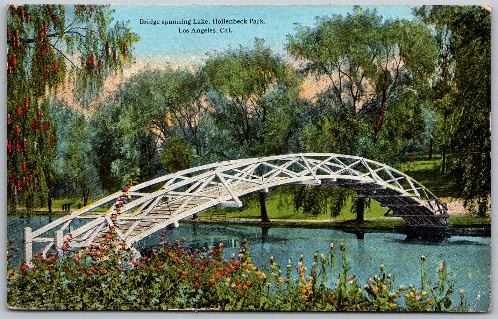 Los Angeles California 1921 Postcard Bridge Spanning Lake hollenbeck Park
