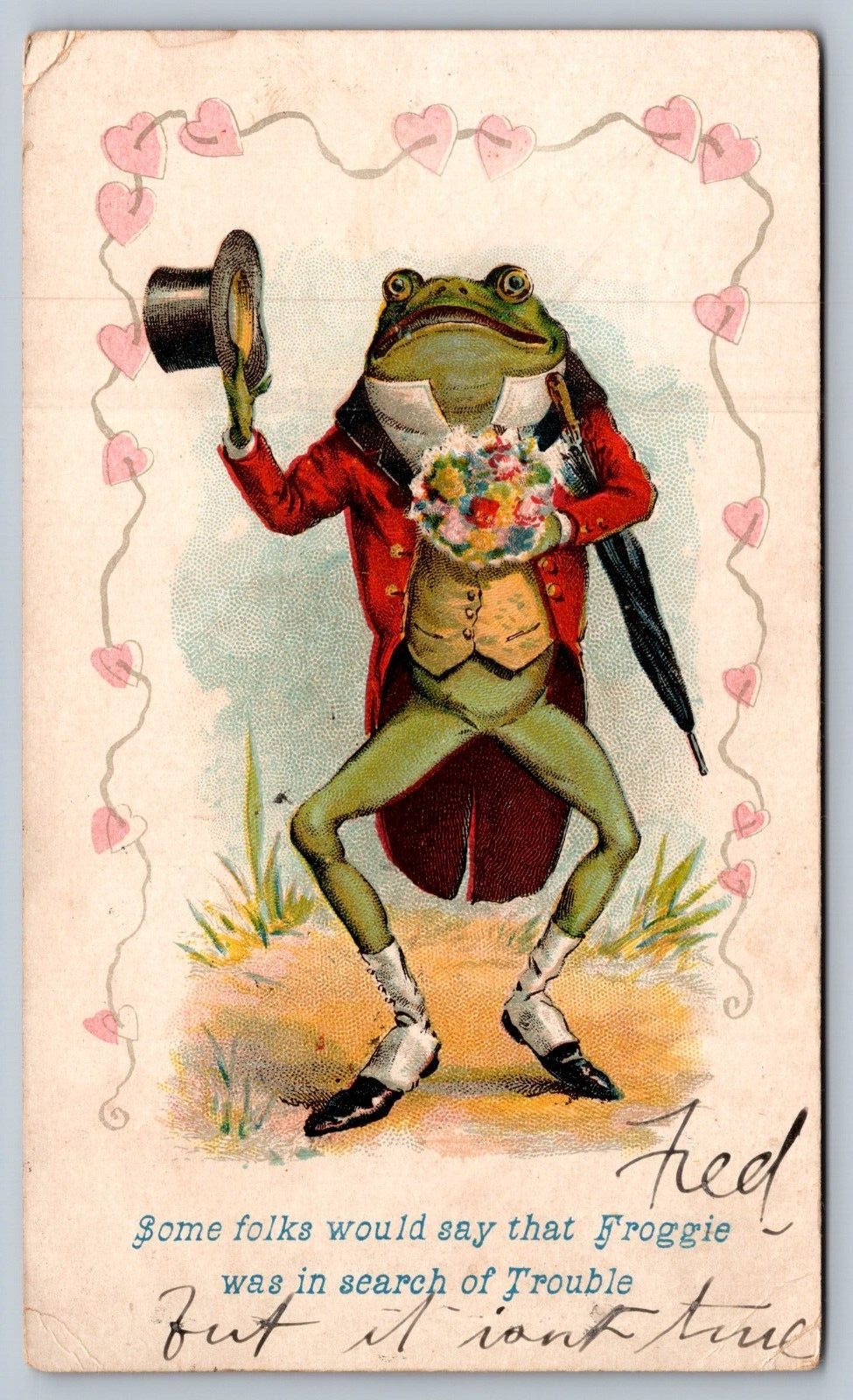 1907 postcard ANTHROPOMORPHIC FROG with flower bouquet top hat \
