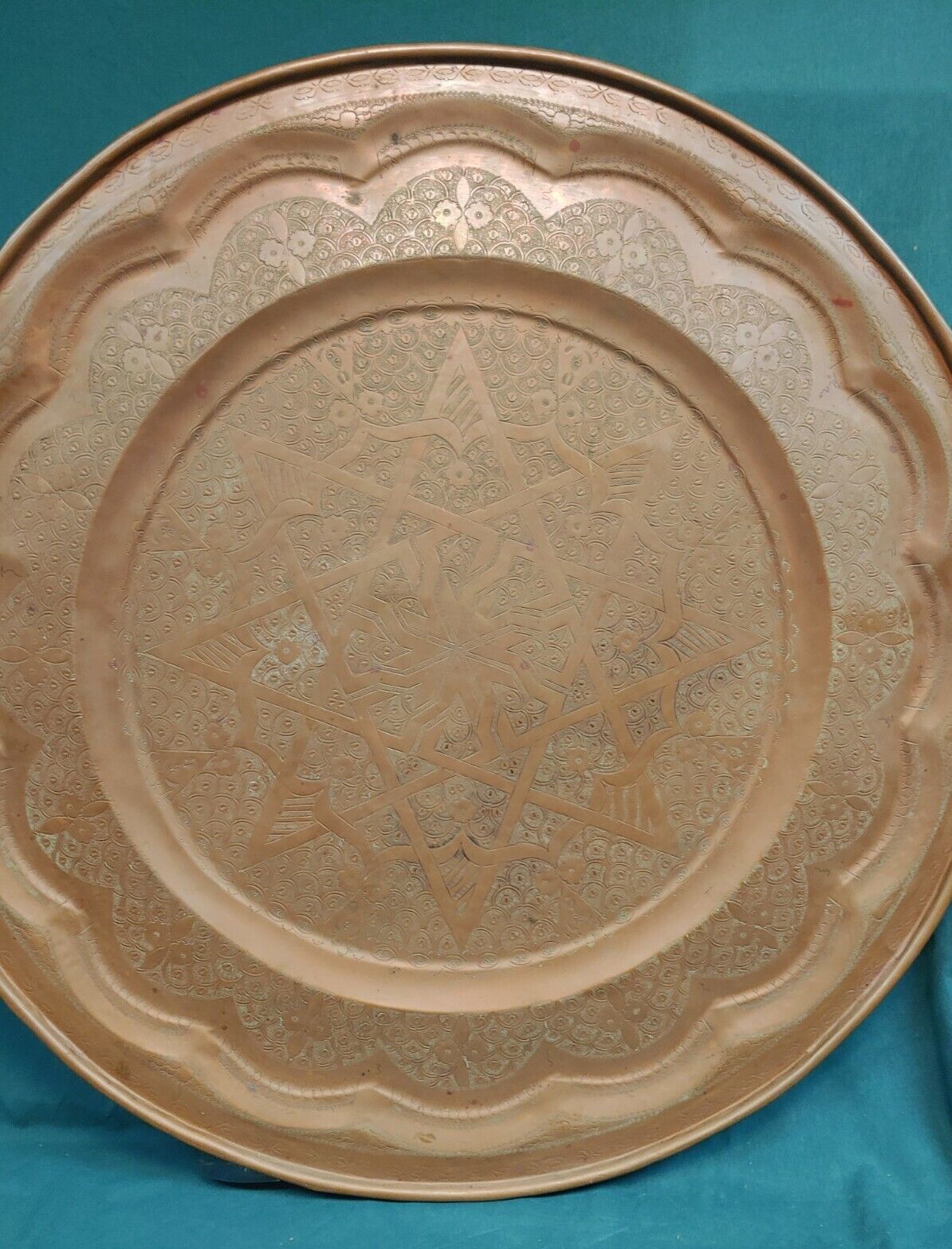 Old Vintage Hand Tooled Embossed Copper Moroccan Middle East Serving Tray Table 