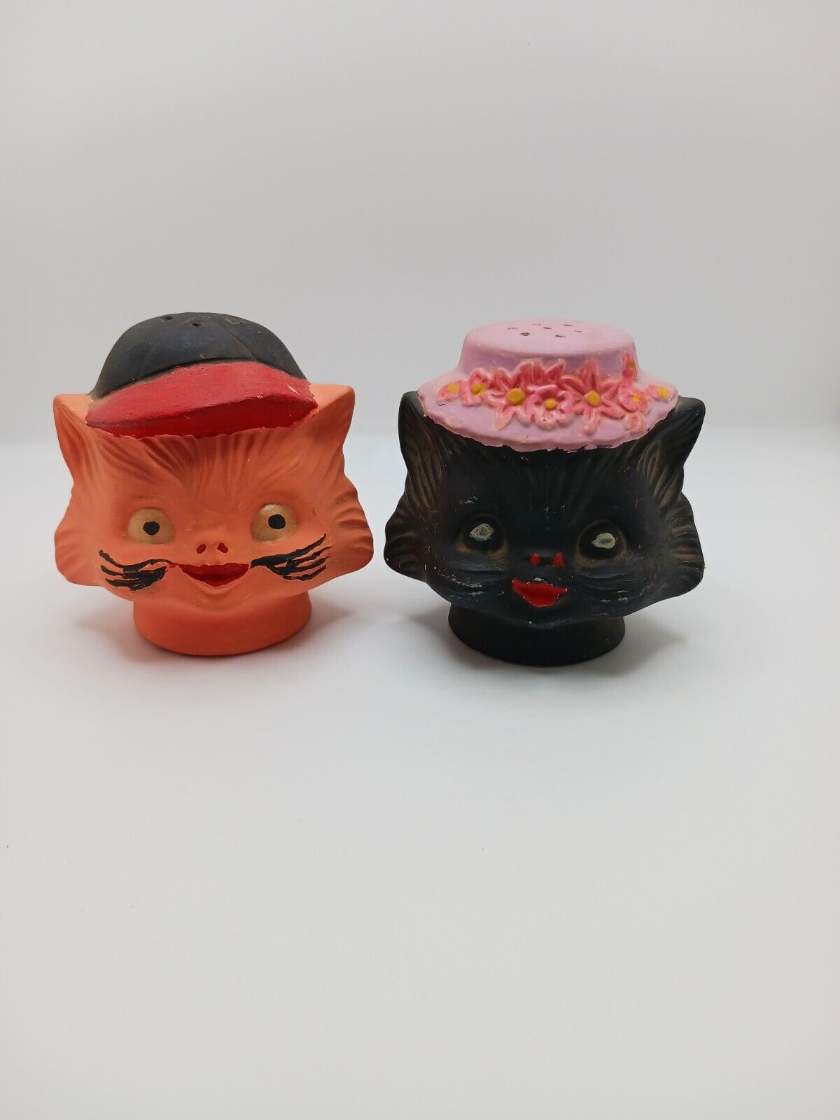 Vintage Anthropomorphic Hand Painted Cat Head Salt & Pepper Shakers Boy and Girl