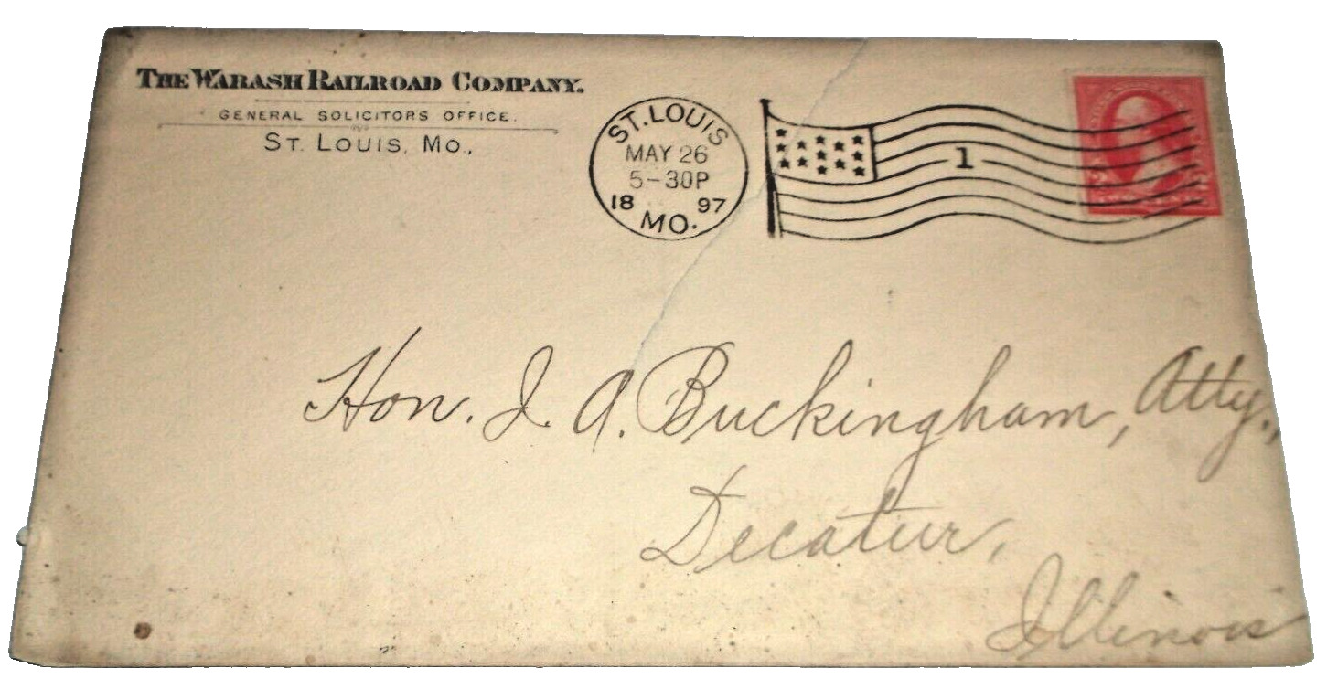 MAY 1897 WABASH RAILROAD COMPANY ENVELOPE GENERAL SOLICITOR ST. LOUIS MISSOURI