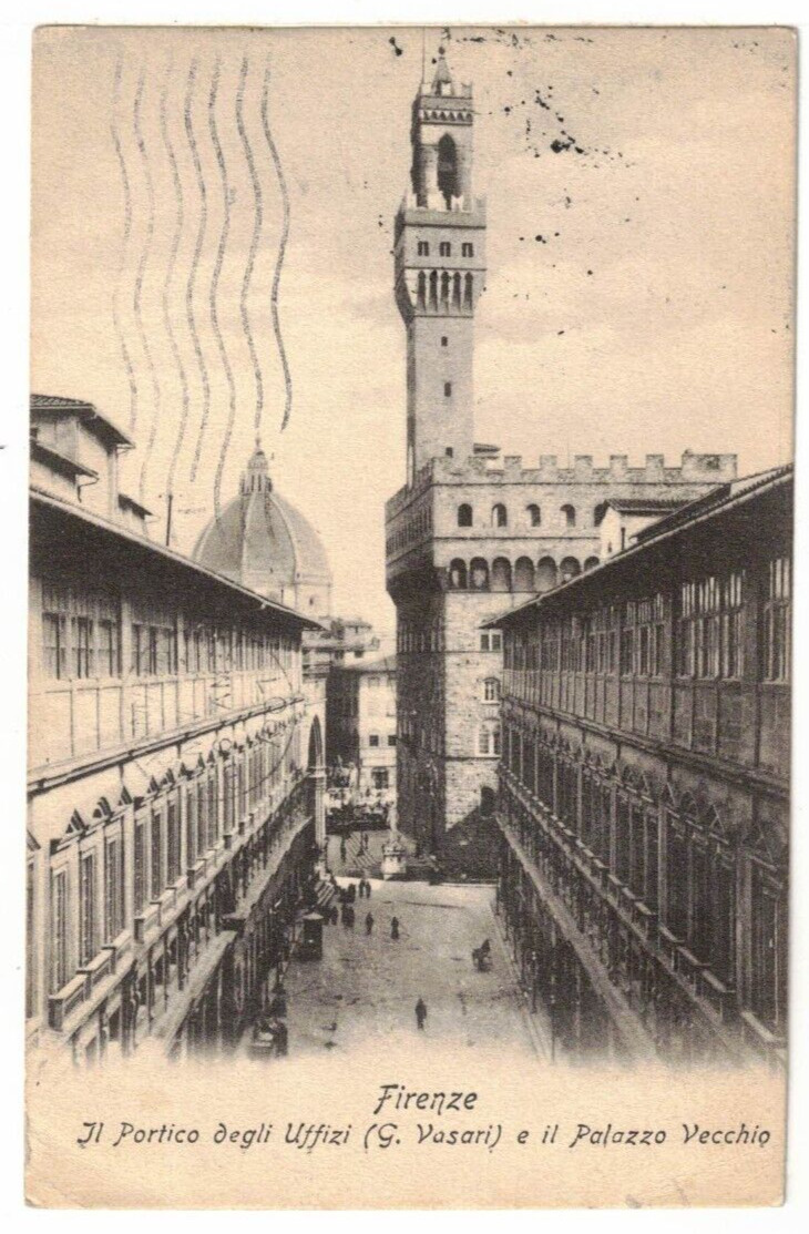 1916 Postcard: Portico of Uffizi (G. Vasari) & Palazzo Vecchio – Florence, Italy