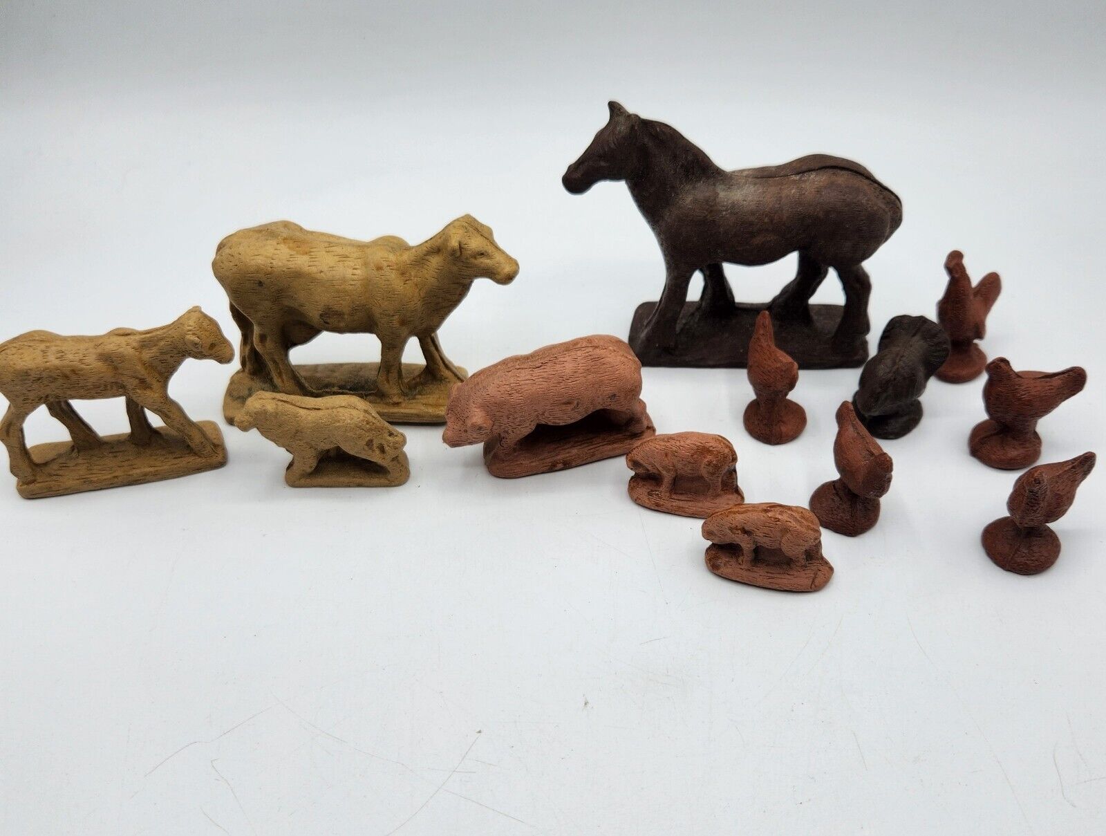 13 Antique Putz Clay Farm Animals Clay Composition Cow Dog Horse Chicks Pigs + 