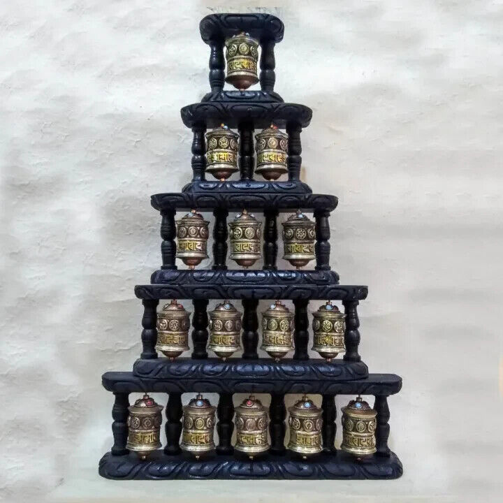 Astamangal Wooden Brass Copper Prayer Wheel 5 pyramid combo