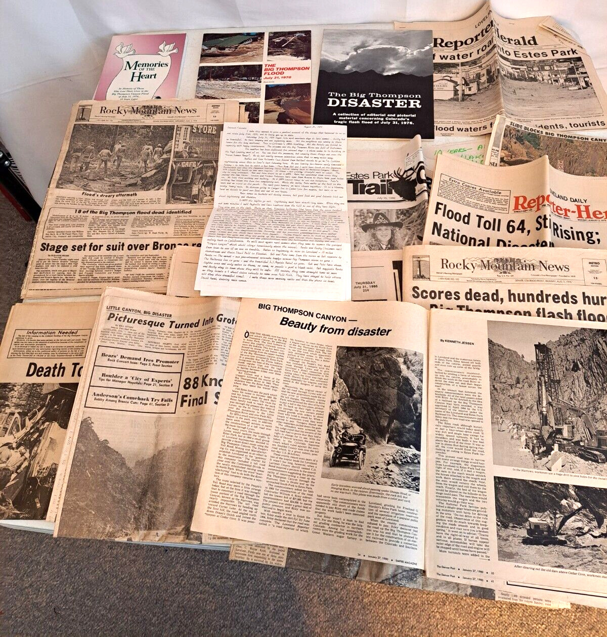 Lot of Big Thompson Canyon, Colorado Flood Disaster Newspapers 1976 Books,Letter