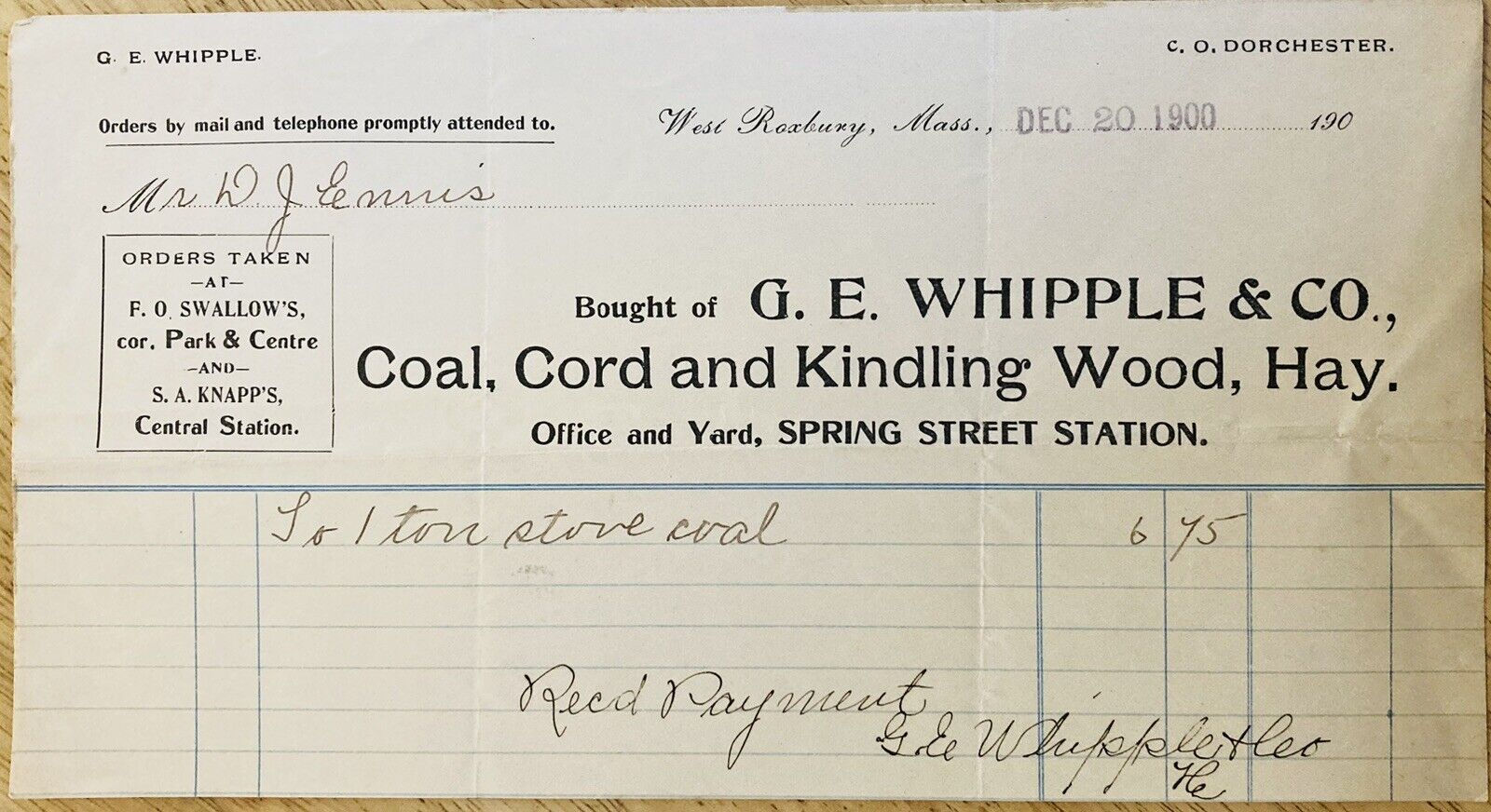 1900 BILLHEAD (P1)~G.E. WHIPPLE CO. WEST ROXBURY, MASS. COAL, CORD & KINDLING