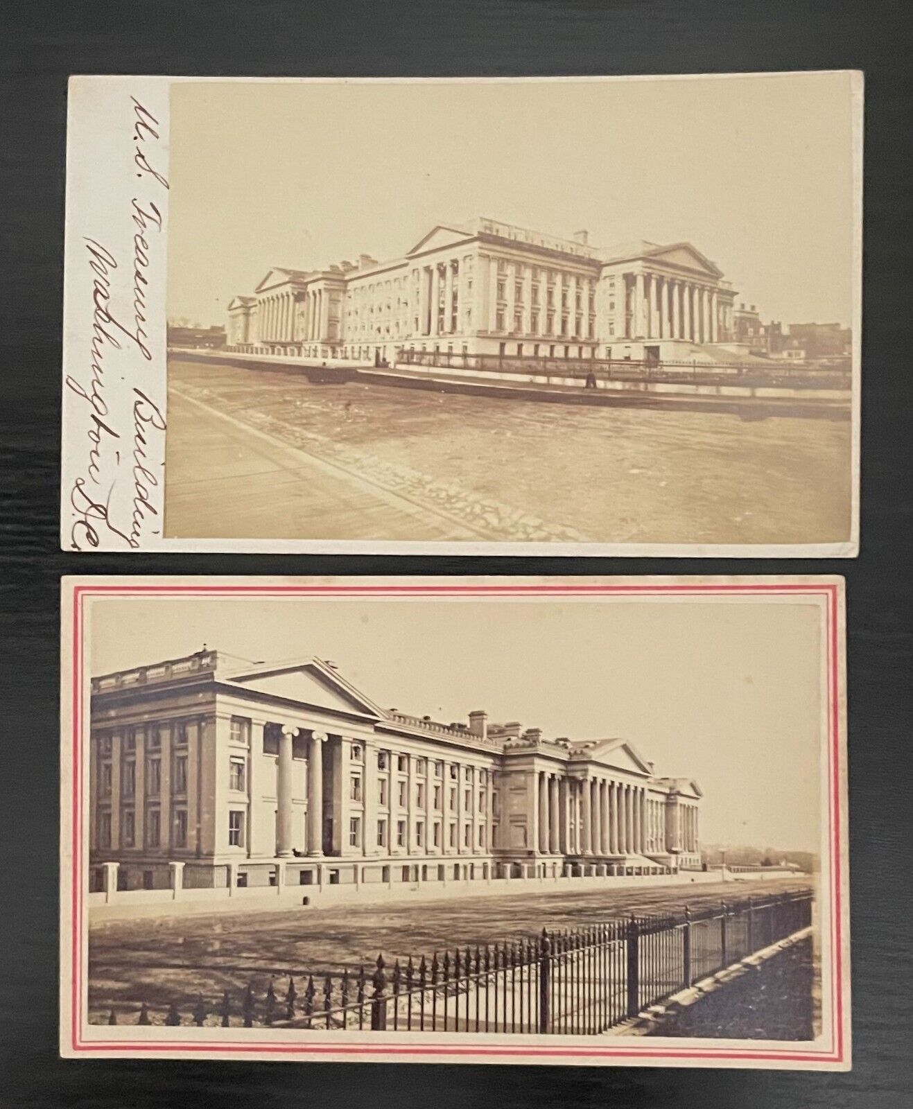 U.S. TREASURY DEPT BLDG. WASHINGTON D.C. -TWO DIFFERENT VIEWS - 1860s CDV PHOTOS