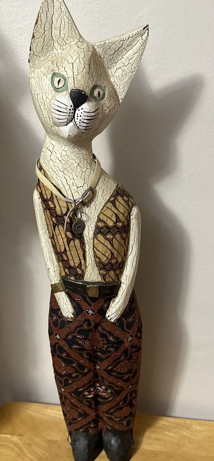 Cat Statue Wood Hand Carved & Painted Bali Indonesia 31”Tall Whimsical Cat Batik