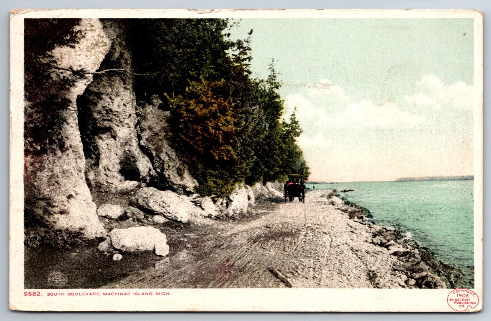 Vintage Postcard MI Mackinac Island South Boulevard Old Car Shoreline c1907