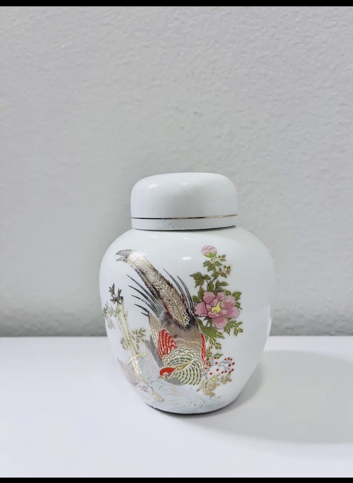Japanese Satsuma Gold Floral Peacock Porcelain Ginger Jar Vase Japan 