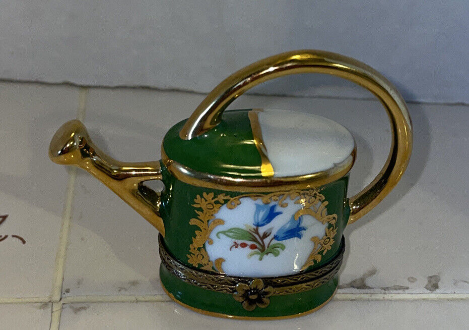 Limoges France Trinket Box Green Watering Can Floral Flower Clasp