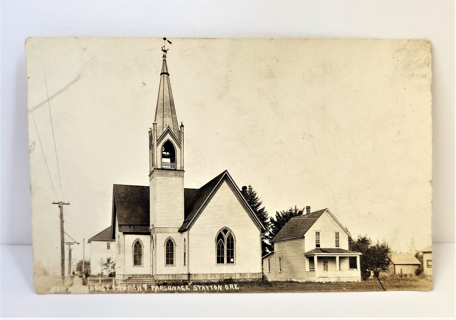 RPPC Stayton Oregon Postcard Methodist Church & Parsonage Early 1900s AZO Posted