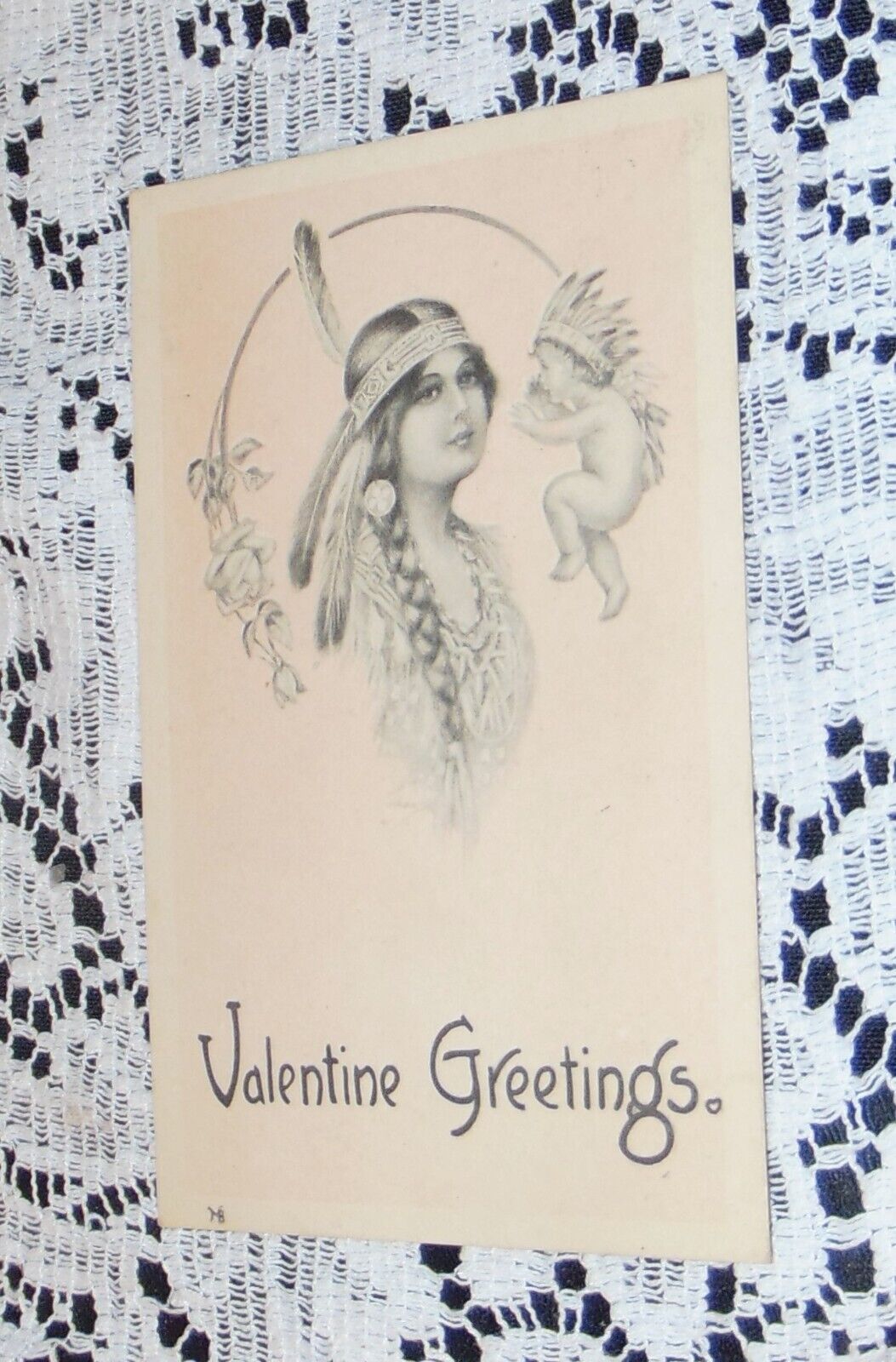 antique Native American Valentine\'s Day post card 1917 Postmark