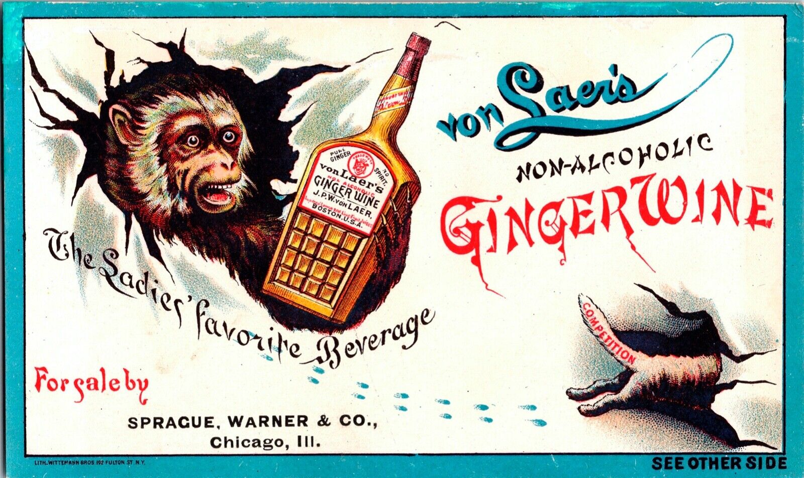 Antique Von Laer\'s  Quack Remedy Ginger Wine, Monkey, Cat, Temperance Trade Card