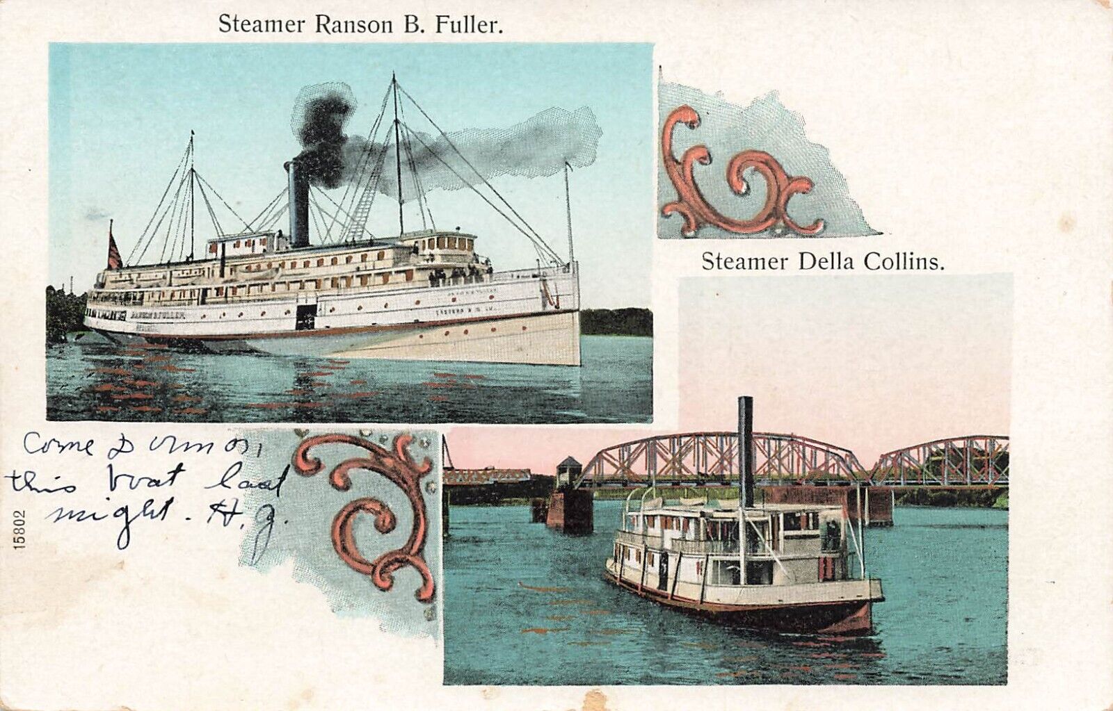 Postcard ~ Steamers Ranson B. Fuller & Della Collins, Copper Highlights~ C. 1905