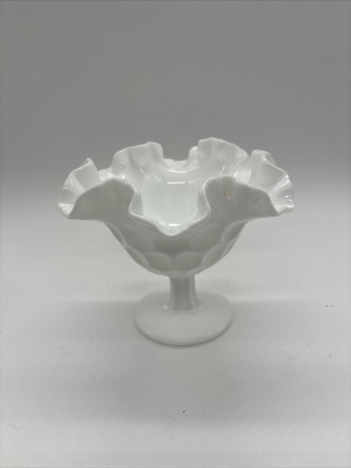 Vintage Fenton White Milk Glass Ruffled Thumbprint Footed Candy Dish Bowl