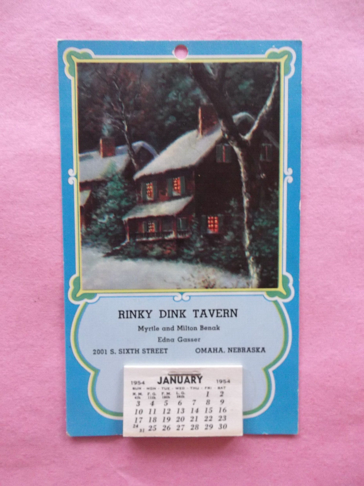 Vintage Rinky Dink Tavern on 2001 S. Sixth St. Omaha Nebraska 1954 Calendar Card