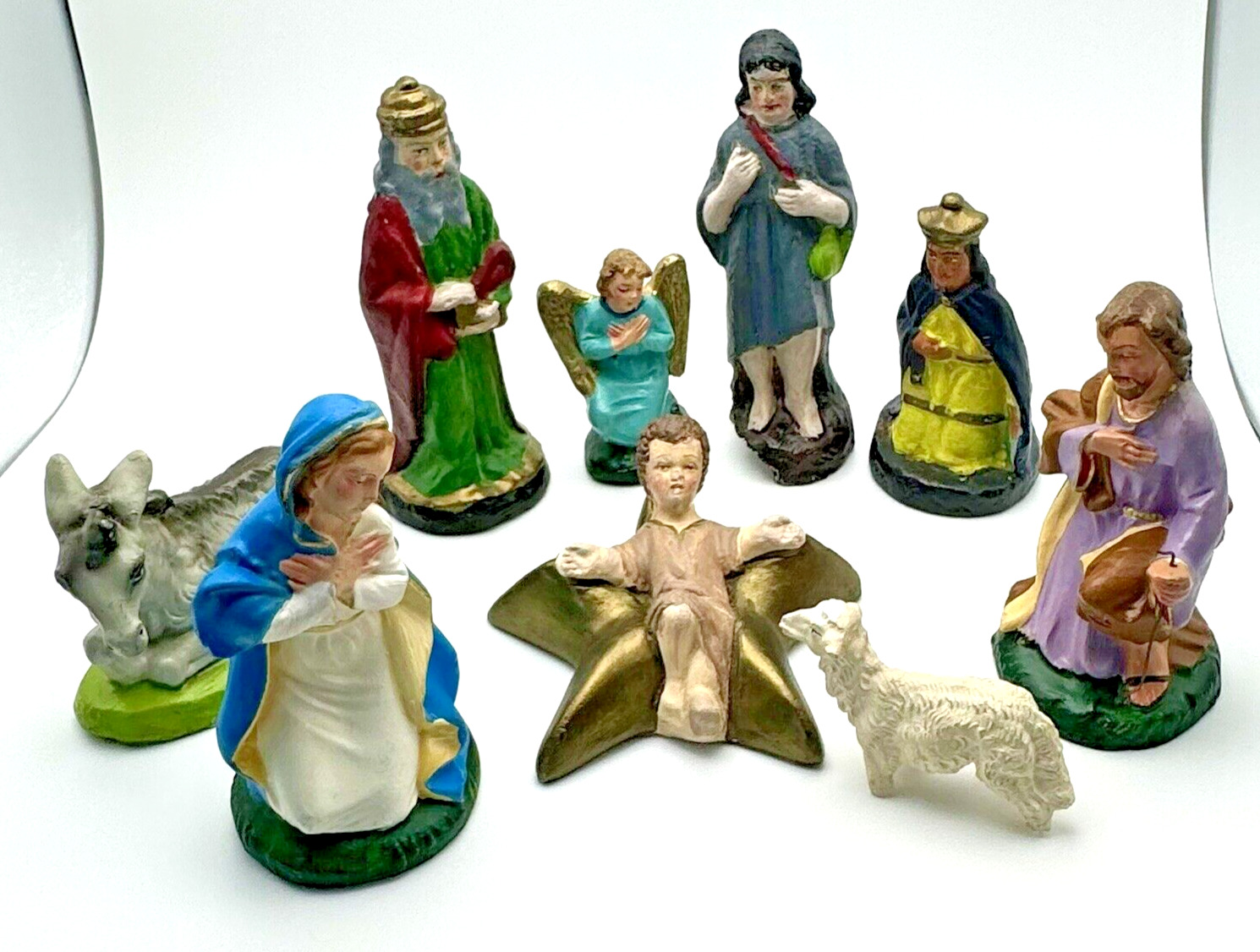 Vintage Italy 9 Piece Nativity Scene Paper Mache + Porcelain Nativity Ornament