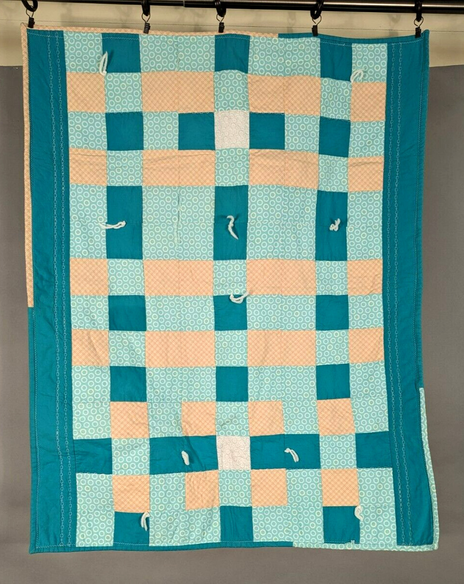 vintage handmade quilt pink blue square patches boho shabby 40 X 31 crib lap