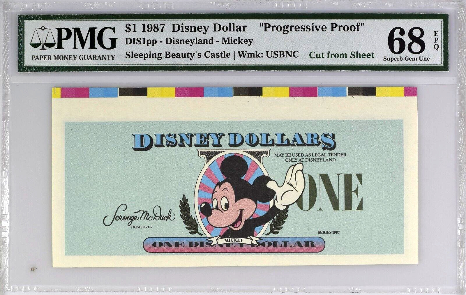 1987 A $1 PROGRESSIVE PROOF Disney Dollar Mickey DIS1PP PMG 68EPQ TOP POP Only 1