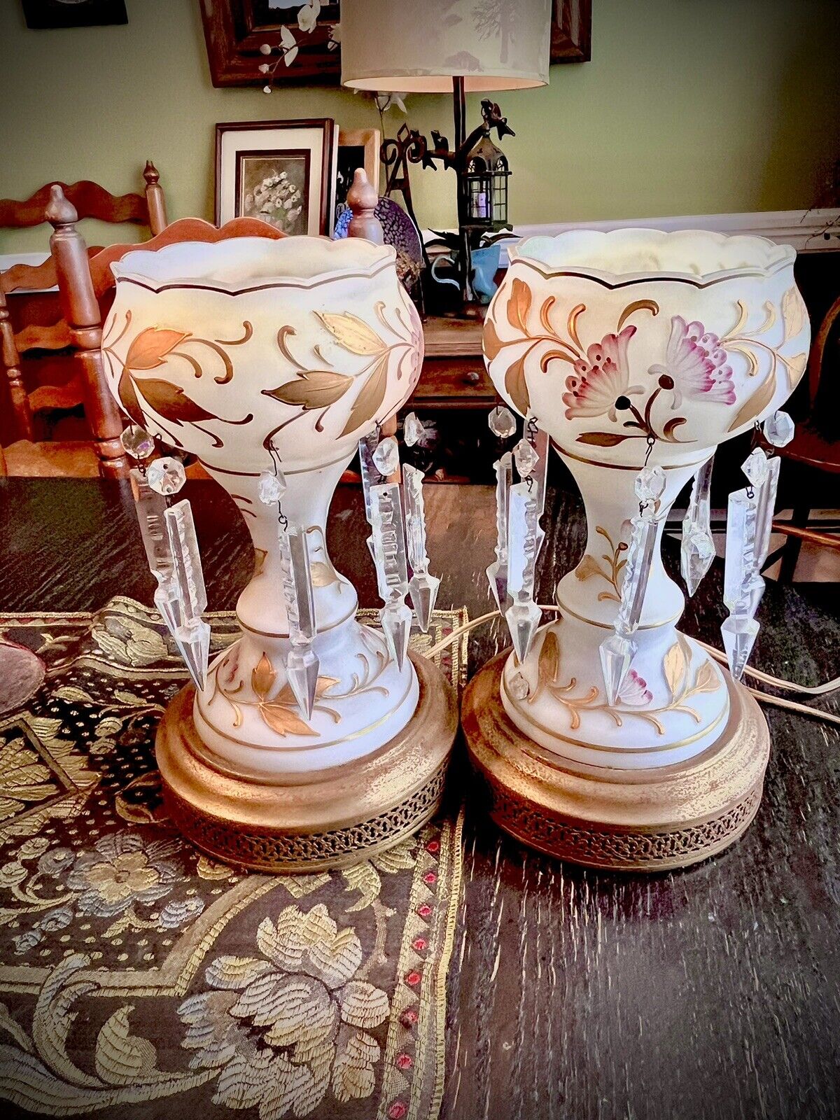 Set 2 Antique German Luster Ware Mantle Lamps - Beautiful