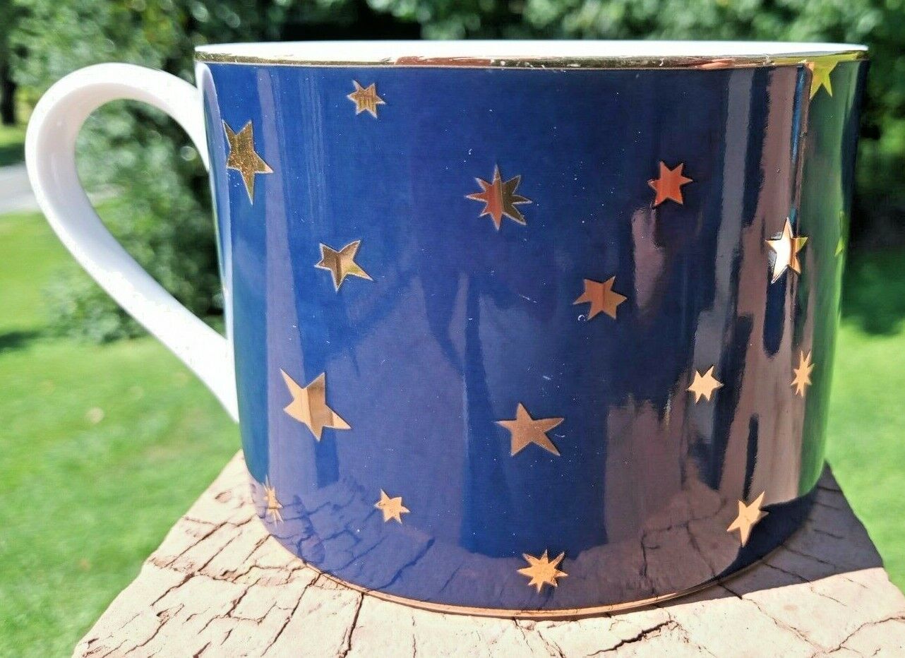 Elegant Galaxy Sakura Porcelain Coffee Cup 14K Gold  Blue with Stars 8 Ounces