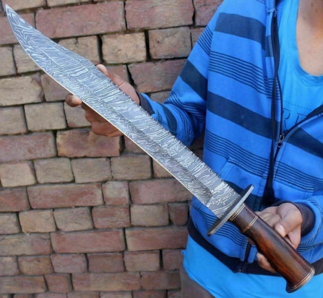 Handmade Damascus Steel Blade Hunting Long Bowie Knife with Walnut Wood  Handle