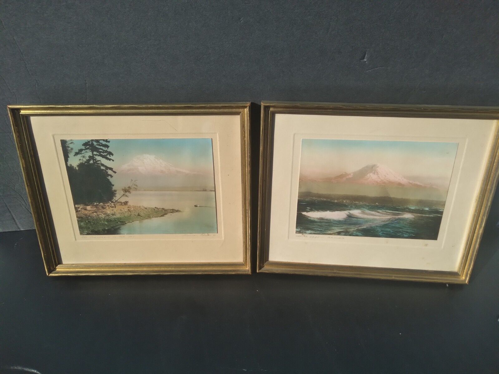 2 Vintage Signed Norman Edson Mt Rainier White Caps Washington Colored Photo Art